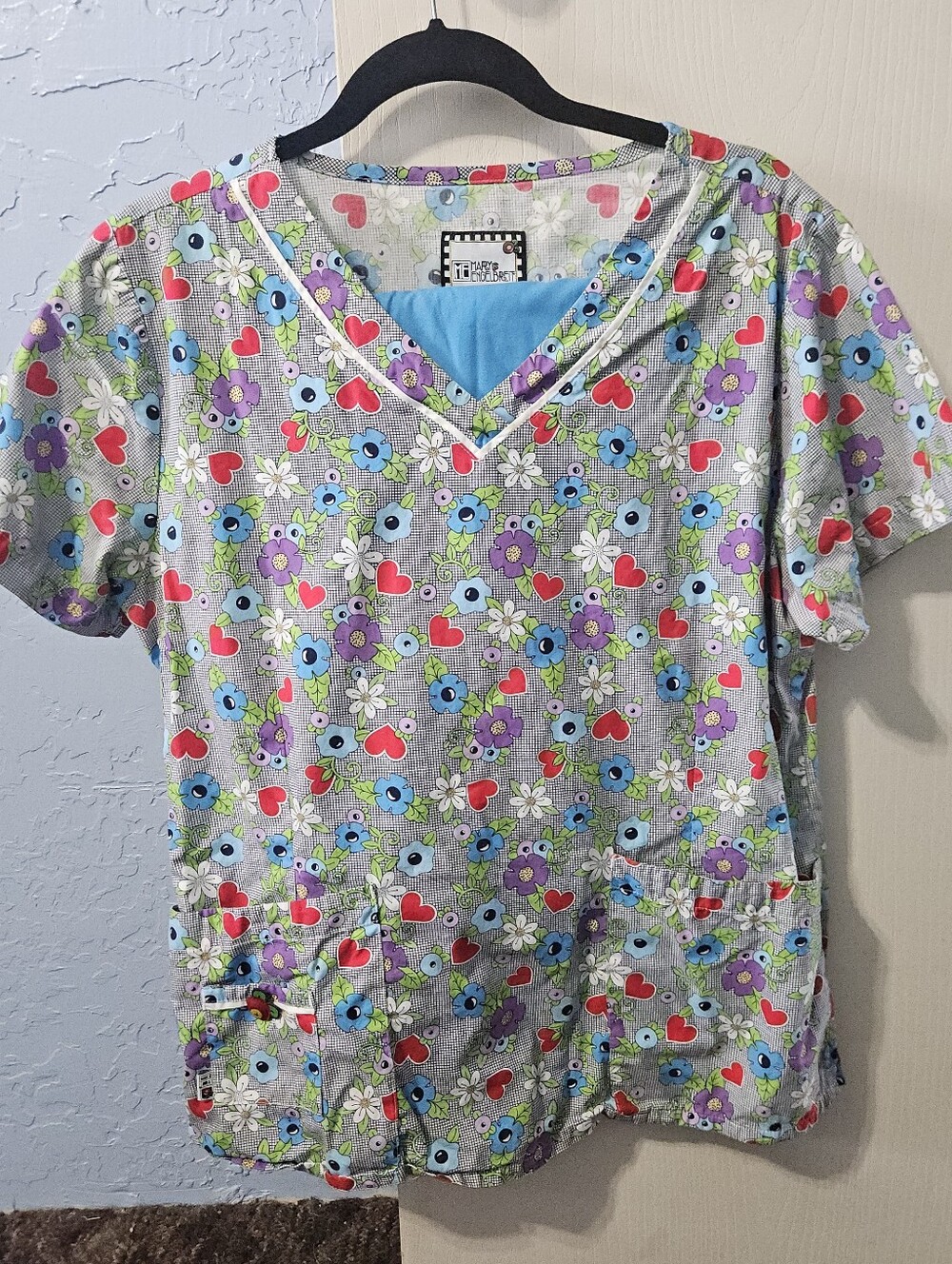 Mary Engelbreit Floral & Heart Print Scrub Top in Gray with Blue, Purple & Red